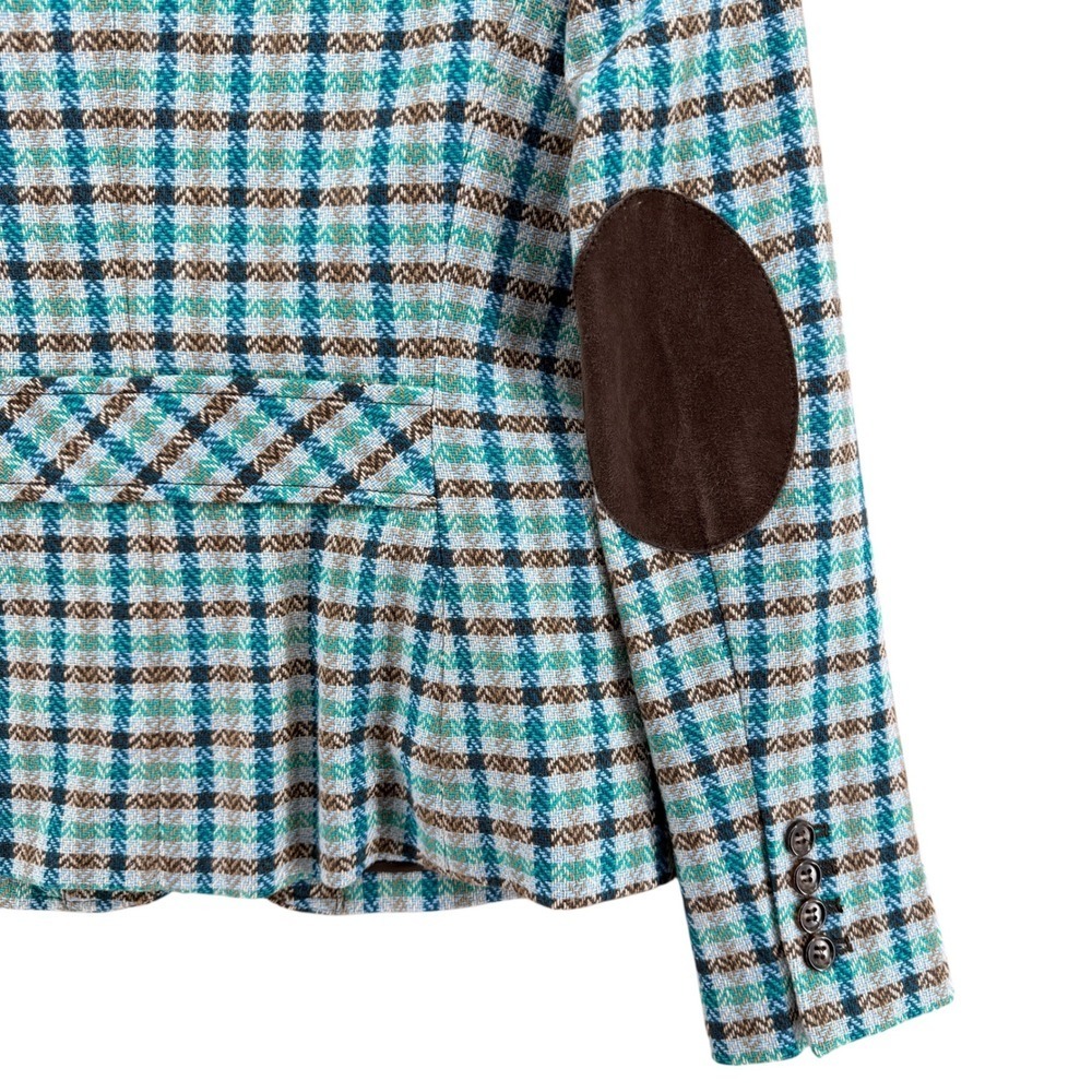 Talbots 100% Wool Blazer Women 2P Pre-Owned Plaid Blue Ruffle Elbow Patch Jacket - Picture 9 of 11